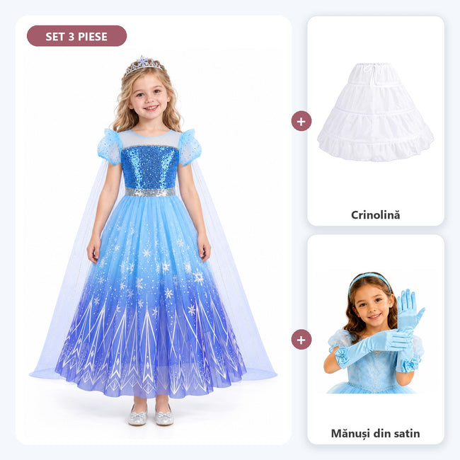 Set complet Prințesa de gheață: rochiță cu trenă, crinolină și mănuși din satin